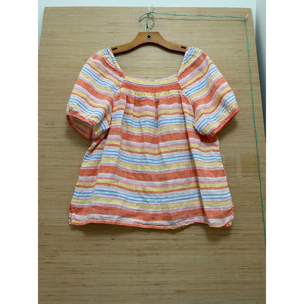 Talbots Petite Large Linen Blend Striped Puff Sleeve Smocked‎ Square Neck Top LP